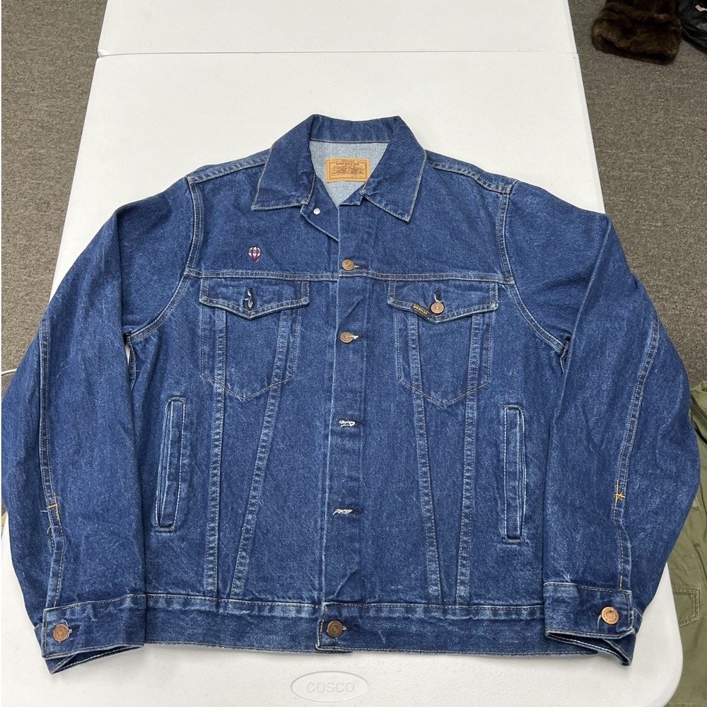 80s Roebucks Denim Trucker Jacket Mens XL Blue Hot Air Balloon Embroidery